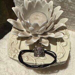 Silver LV Padlock with Black Cord hair tie or bracelet